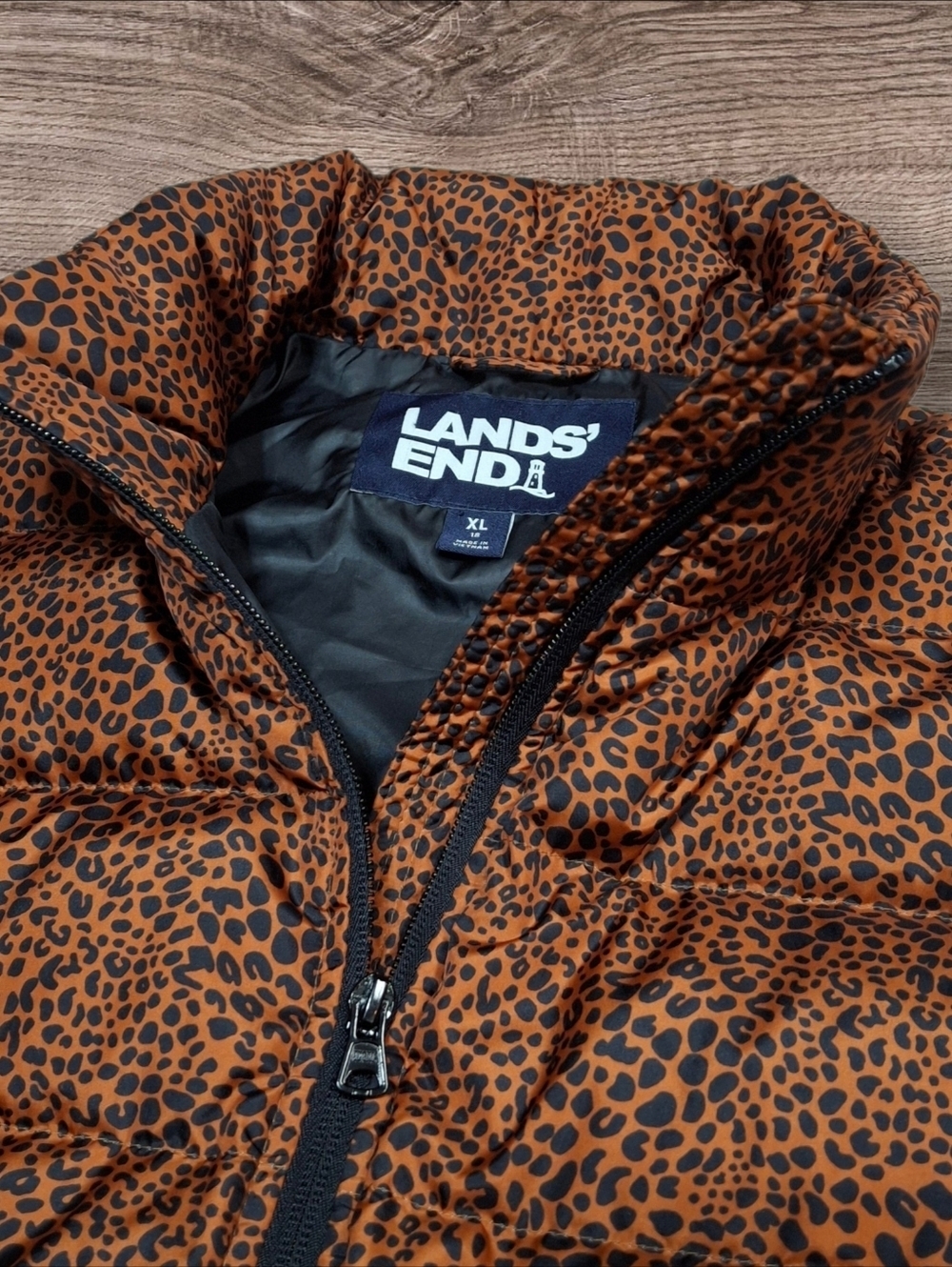 Lands' End Down Puffer Vest Animal Print Burnt Orange Zip Women Size X-Large - Picture 9 of 16